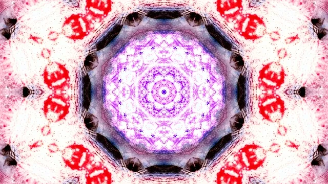 4K neon tünel VJ döngüsü merkezî mor spiral kaleidoskop deseniyle, pembe-beyaz geometrik girdap hareketli arka plan 60fps