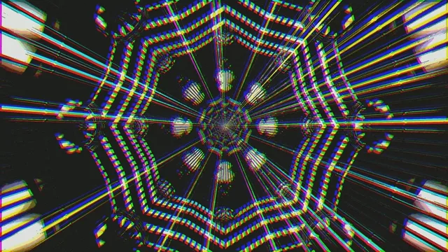 방사형 네온 터널, 동심 무지개 기하학적 패턴이 나선형으로 내부를 향하며, 파란색, 노란색 및 마젠타 발광선이 매혹적인 4K VJ 루프를 만듦