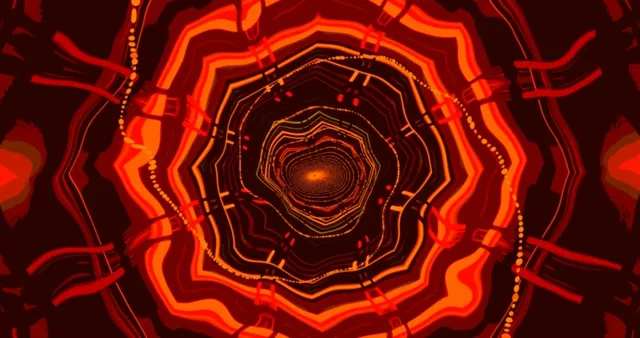 4K 60fps VJ लूप में केंद्रीय ज्यामितीय परतों के साथ चमकता लाल-नारंगी नीयॉन सुरंग गहराई पृष्ठभूमि