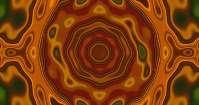 دایره های نئون متحدالمرکز در قرمز، نارنجی و طلایی یک تونل گردابی متقارن ایجاد می کنند، پس زمینه VJ loop انتزاعی درخشان برای 4K