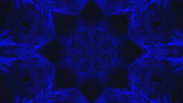 গভীর নীল নিয়ন টানেল সমরূপ জ্যামিতিক তারকা প্যাটার্ন সহ, দীপ্তিমান বৈদ্যুতিক নীল রেখা 4K বিমূর্ত VJ লুপ তৈরি করে