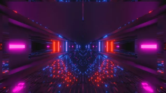 Tunnel di neon simmetrico con luci magenta e blu convergenti verso il centro, loop VJ astratto 4K con motivi geometrici luminosi