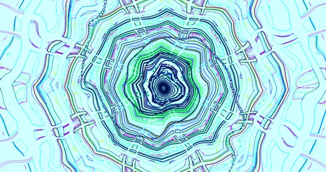 Neon tunela kontzentrikoa turkesa, morada eta urdin iluneko eraztunekin barruruntz espiralez, 4K VJ begiratzaile maldua