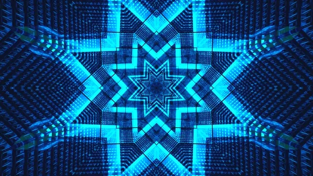 Ljus cyan och mörkblå neontunnel med geometriska stjärnmönster, abstrakt 4K VJ loop bakgrund