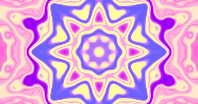 Vibrante loop VJ túnel neon com padrões geométricos de estrelas concêntricas roxo e amarelo criando fundo visual hipnotizante 4K