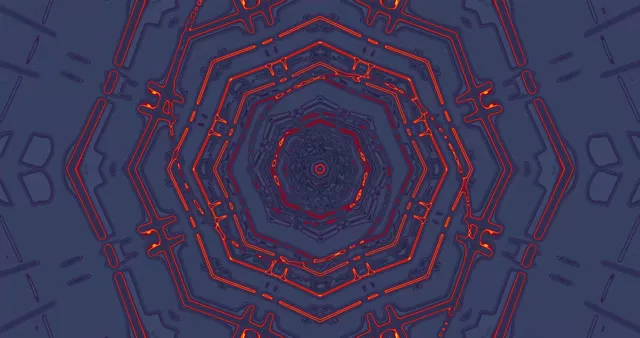 蓝红色同心霓虹六边形隧道形成无限几何涡旋循环背景