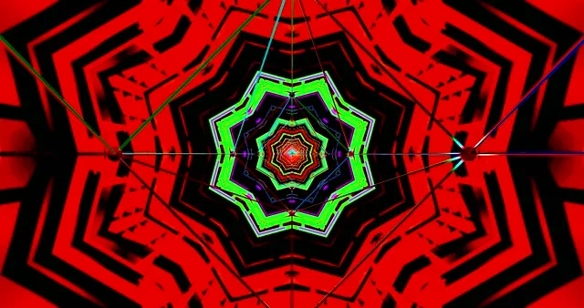 حلقه VJ تونل نئون با الگوهای هندسی قرمز و سبز هممرکز که به سمت مرکز درخشان میچرخند، پس‌زمینه حرکت انتزاعی 4K 60fps