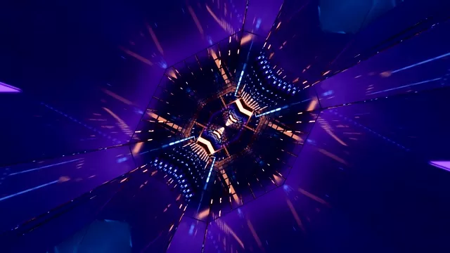 Apstraktni neon tuneл vortex sa ljubičastim i zlatnim osvjetljenjem, radijalni geometrijski uzorak u 4K petlji