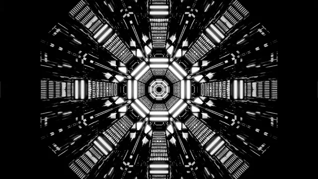 Terowongan neon simetris dengan sinar cahaya putih bersinar bertemu ke pusat, latar belakang hitam, animasi VJ loop geometris 4K