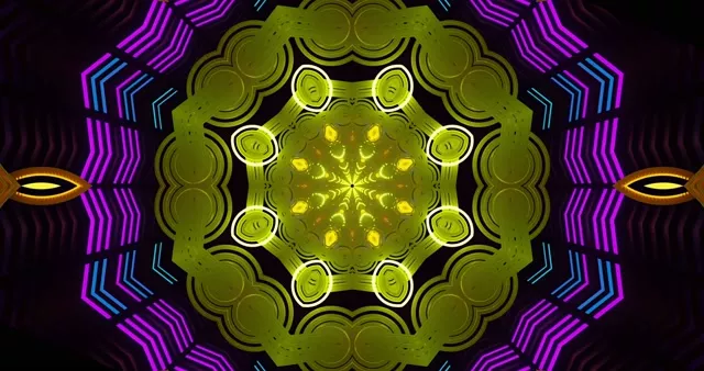 초록색 중심과 보라-금색 고리가 있는 대칭 네온 터널, 4K 60fps VJ루프 배경