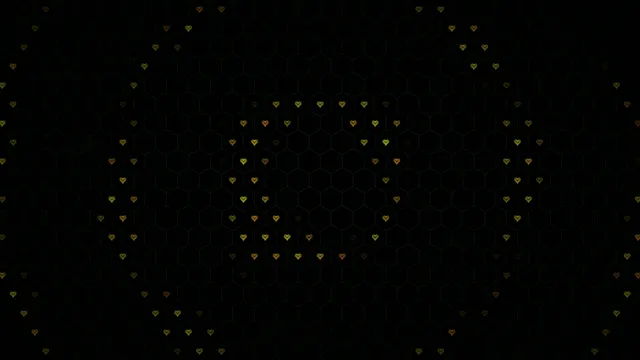 4K UHD golden hearts floating on dark hexagonal grid background