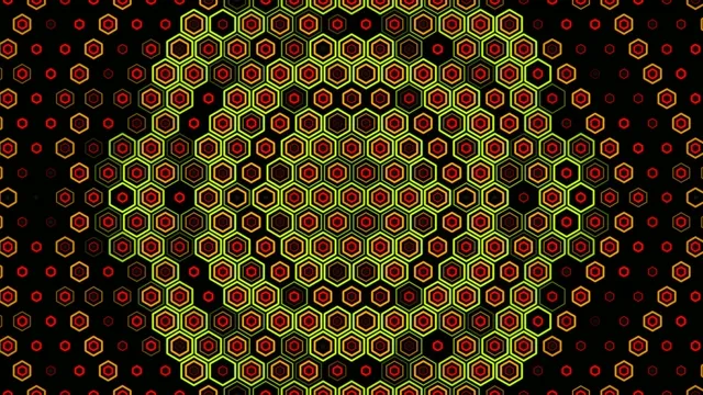 4K UHD neon hexagon motion background with red and yellow geometric patterns