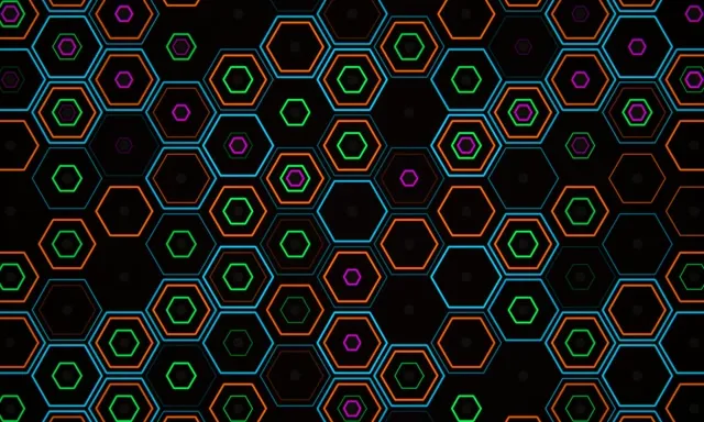 5:3 Wide | 60fps Neon Hexagon Pattern Motion Screensaver VJ Background