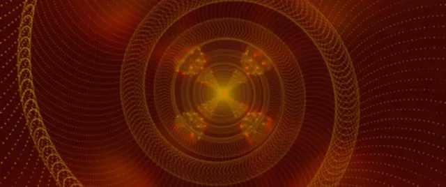 Złota spiralna tunel z koncentrycznymi pierścieniami neonowymi w bursztynowych i złotych tonach, tworzący hiponotyczny efekt ruchu 3D dla pętli VJ