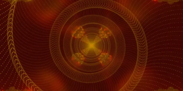 Златна спирална мандала с концентрични неонови пръстени светещи в цвят на пътна смола и червено, създавайки хипнотичен туннелен вихър за VJ цикли