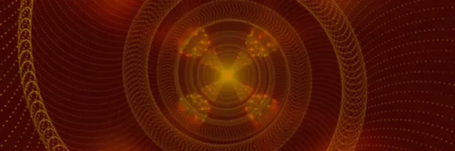 Gouden bol straalt licht uit door concentrische neonringen in dieprode tunnel, symmetrisch mandala-patroon met gloeiend centraal punt, abstracte VJ loop