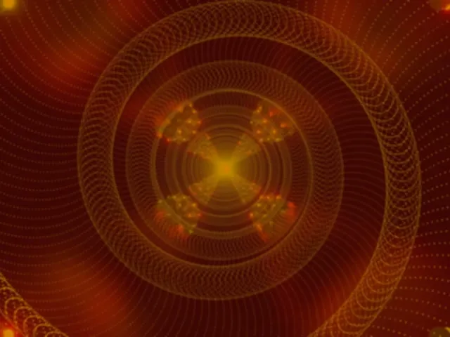 Koncentriski zelta spirāles gredzeni atspoguļojas no mirdzošā dzeltenā centra, radot dziļu neona tuneļa virpuli ar siltu oranžbalti sarkanu spīdumu