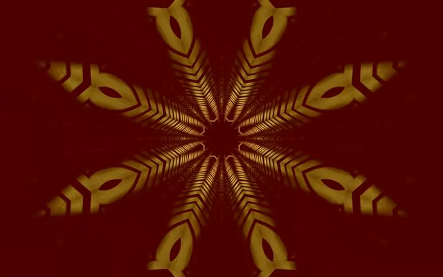 Gylden stjerne kaleidoskop mønster udstraalet fra centrum på mørkrød baggrund, symmetrisk 8-punkts design, abstrakt VJ-løkke