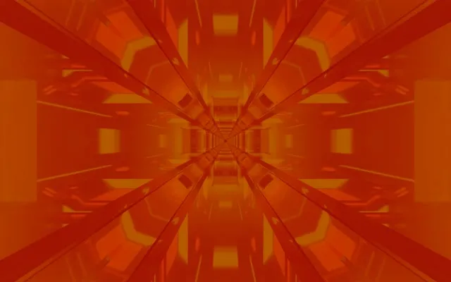 Symmetrisk gylden neontunnel med spejlet fraktal geometri, dybt rødt-orange gradient, abstrakt VJ loop bevægelse