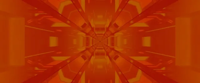 Symmetrischer goldener Neon-Tunnel mit ausstrahlenden geometrischen Mustern und hypnotischem Wirbel-Effekt in warmen Orange- und Rottönen, 4K VJ-Loop