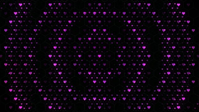 Animated neon pink hearts flowing on hexagonal grid 4K loop