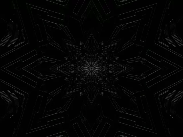 Symetryczny ciemny wzór kaleidoskopu płatka śniegu neon z geometrycznymi promieniami gwiazdistymi, czarne tło, abstrakcyjna grafika pętli VJ