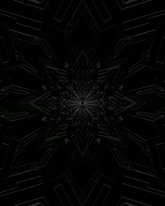Szimmetrikus sötét neon fraktál csillag alagút éles geometrikus élekkel sugárzó befelé, VJ hurok 60fps