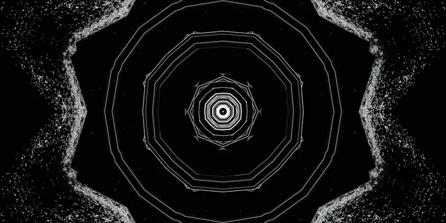 Đường hầm neon bát giác đồng tâm với các đường hình học màu trắng xoay vào trong, đồ họa chuyển động trừu tượng VJ loop