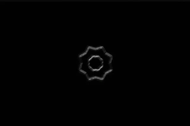 Estrella de neón brillante de 8 puntas con anillos concéntricos formando un vórtice caleidoscópico sobre fondo negro para bucles VJ abstractos