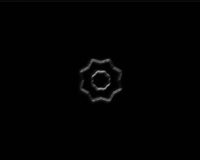 Sjajuća 8-kraka zvjezdana mandala s koncentričnim prstenovima u sivom neonu na crnoj pozadini, stvarajući simetrični geometrijski VJ loop uzorak s industrijskim čuvarom zaslona esteticom