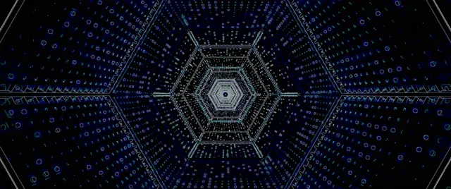 Blauer Neon-Hexagon-Wirbel-Tunnel mit spiralförmigen digitalen geometrischen Mustern und leuchtenden Linien im kinoformat 2.39:1, ideal für VJ-Loops und Motion-Grafiken