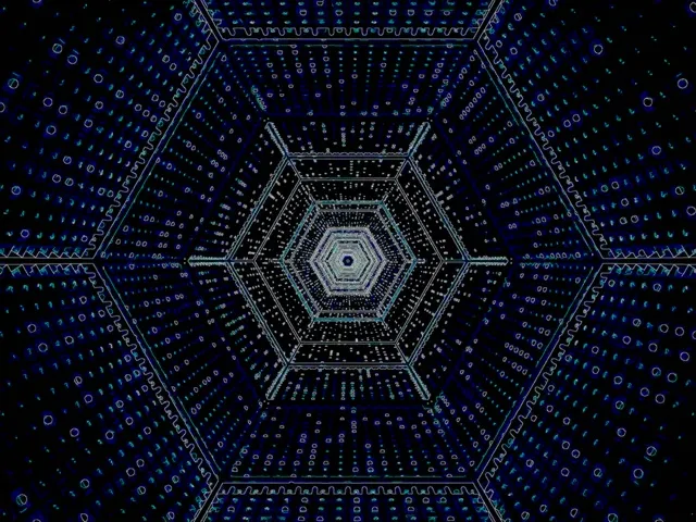 Túnel hexagonal neon azul-profundo em espiral com camadas geométricas luminosas, loop VJ clássico 60fps