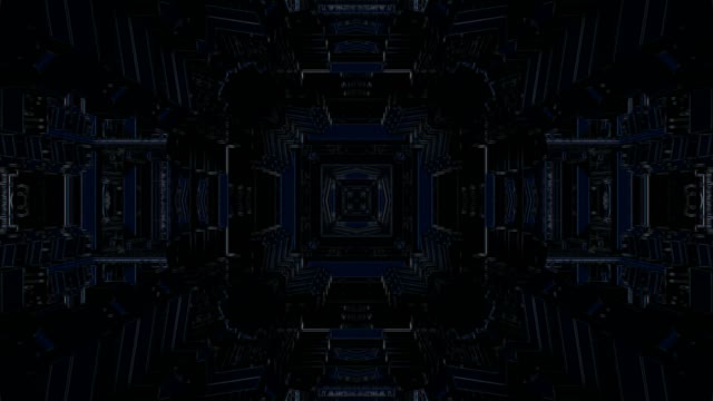Blue neon tunnel with geometric patterns, symmetrical architecture, 60fps...