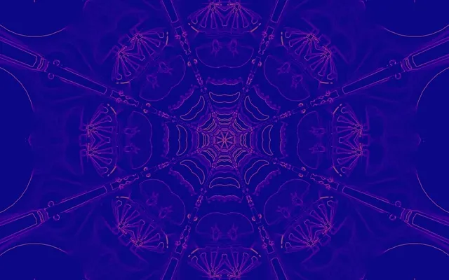 Symmetrisches lila und magenta Neon-Kaleidoskopmuster mit strahlenförmigen geometrischen Formen, die einen hypnotischen Tunnel-Vortex bilden, lebendige 4K VJ-Schleife