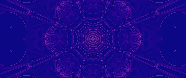 Terowongan neon ungu dengan pola jaringan kaleidoskop simetris, pusaran geometri bercahaya, latar belakang loop VJ 4K abstrak