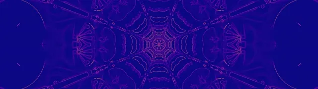 Lilla neon tunnel med symmetrisk edderkopp nett kaleidoskop mønster som stråler fra sentrum, skaper dyp virveleffekt i mørk blå, abstrakt VJ loop