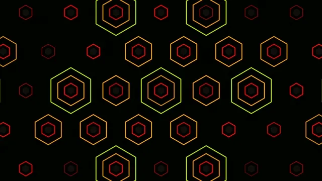 Bright hexagons on a dark background create a vivid design