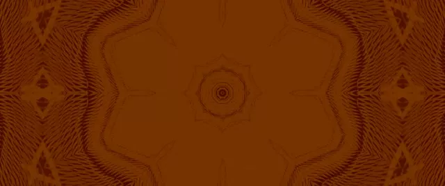 Corak kaleidoskop simetri warna ambar dan coklat dengan terowong neon oval di tengah, ton hangat, gelung VJ abstrak