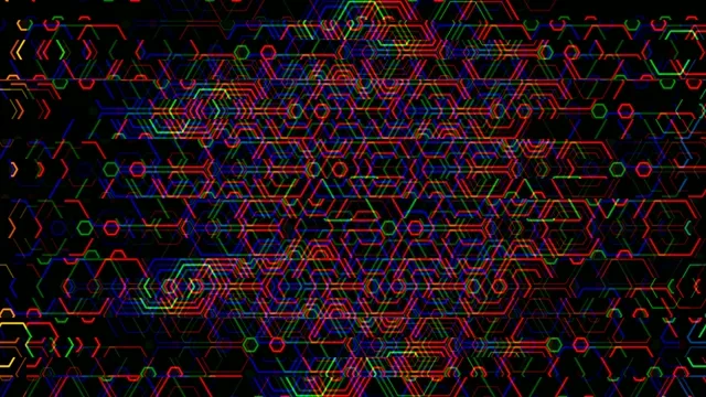 Colorful geometric pattern with lines and shapes in dark background