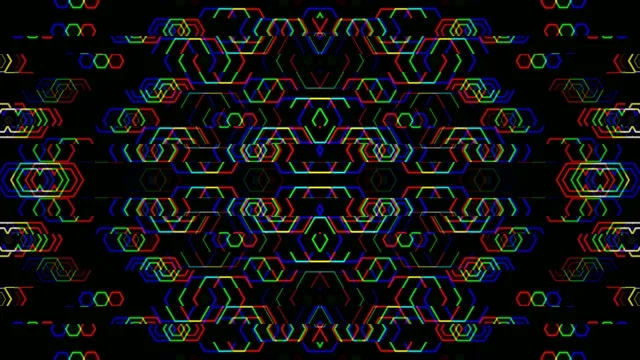 Colorful geometric patterns with bright lines on a dark background