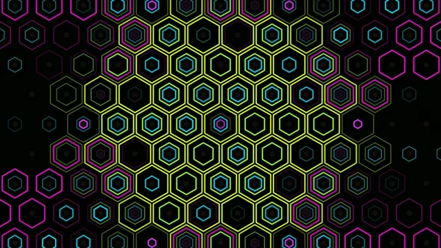 Colorful hexagon pattern fills the background in bright hues