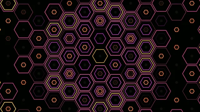 Colorful hexagon pattern with bright outlines and dark background
