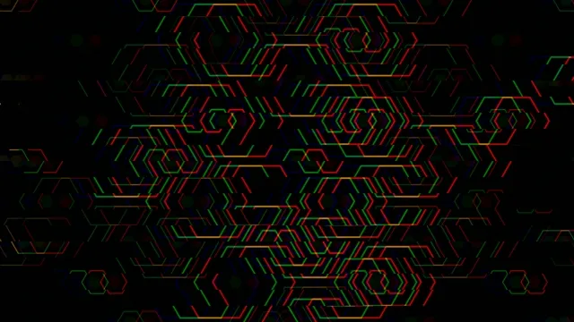 Colorful line patterns fill the background with geometric shapes