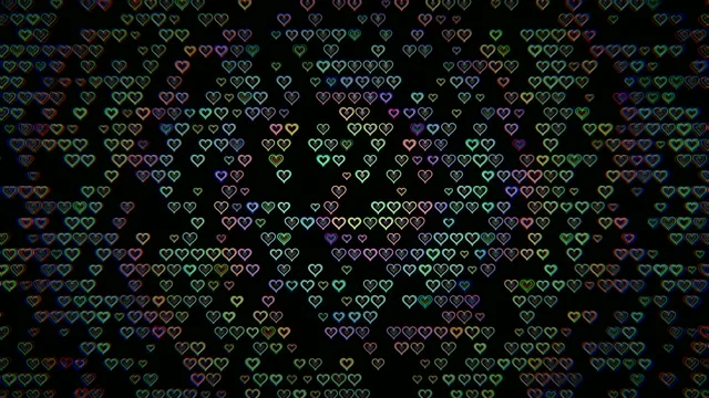 Colorful Neon Hearts Falling on Black Background