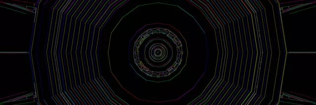 Tunnel néon profond avec cercles concentriques rayonnant vers l'intérieur, lignes bleues et or sur fond noir, boucle VJ hypnotique