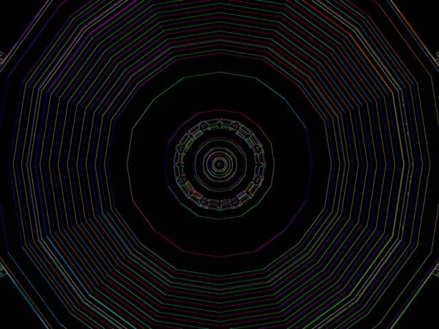 Túnel neon colorido com vórtex espiral concêntrico, anéis multicoloridos criando efeito de profundidade, loop VJ 60fps