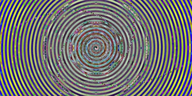 Гіпнотичний спіралюючий неоновий тунель з концентричними колами в синьому, жовтому та фіолетовому, що утворюють абстрактний вихор VJ циклу