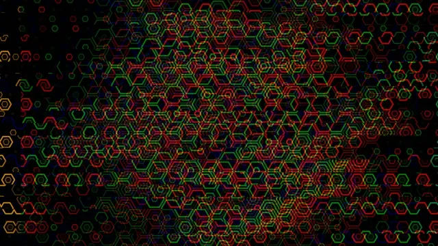 Colorful pattern of hexagons in a dark background with neon tones