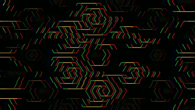 Colorful pattern with hexagons and lines on a black background