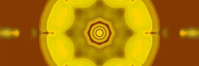 黃色和金色同心曼陀羅霓虹隧道，發光的幾何圓環螺旋向內，為 VJ 循環創造催眠渦流效果